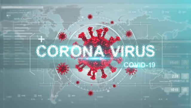 Virus spreading world map, highly detailed HUD interface, covid-19 global pandemic, alarm on the doctor's monitor 3D render graphics animation