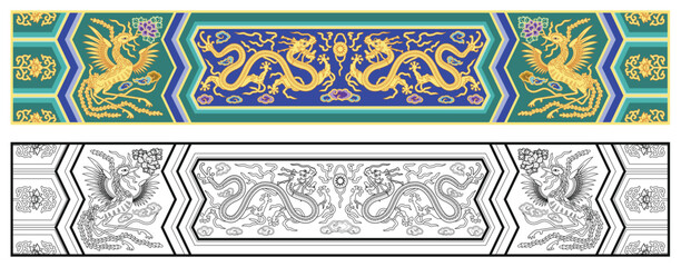 Layered editable vector illustration pattern of dragon and Phoenix,which are mainly used in ancient Chinese royal buildings.