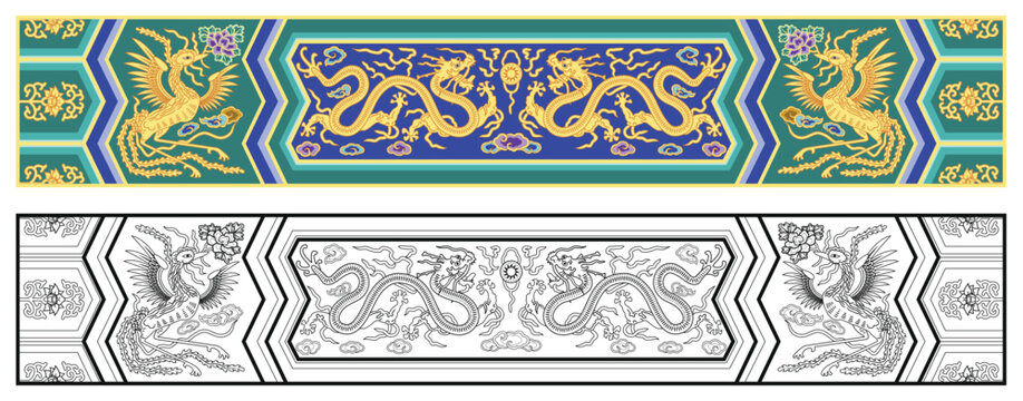 Layered editable vector illustration pattern of dragon and Phoenix,which are mainly used in ancient Chinese royal buildings.
