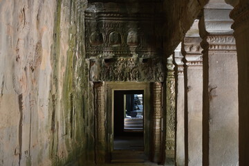 Fototapeta na wymiar Hallway in Ta Prohm with Columns on One Side, Siem Reap, Cambodia