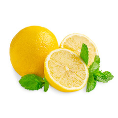 Whole and sliced yellow ripe lemon citrus with sour taste and fresh green mint leaves isolated on...