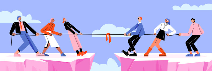 Business teams tug of war battle over mountain gap. Opposite groups pull rope during competition or rivalry. Characters fighting for leadership, arguing, wrestling, Line art flat vector illustration - obrazy, fototapety, plakaty