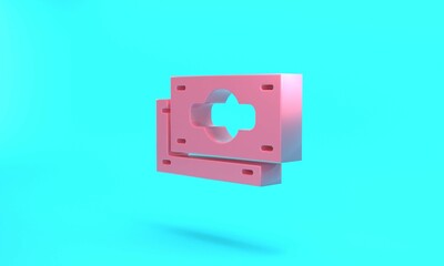 Pink Stacks paper money cash icon isolated on turquoise blue background. Money banknotes stacks. Bill currency. Minimalism concept. 3D render illustration