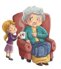 Illustration of granddaughter taking care of her grandmother