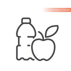 Water bottle and an apple line vector icon. Healthy and vegan eating outlined symbol.