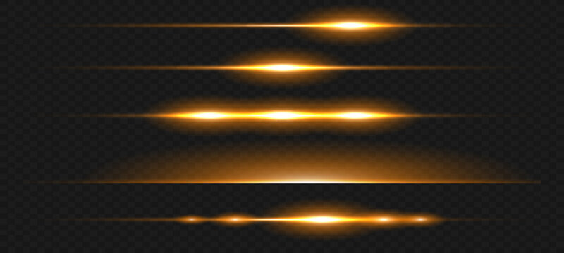 Set of light effects. Glare and flashes. Bright beams of light. Glowing lines. Dust. Christmas flash.Gold color vector illustration