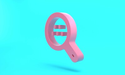 Pink Magnifying glass and taxi car icon isolated on turquoise blue background. Taxi search. Minimalism concept. 3D render illustration