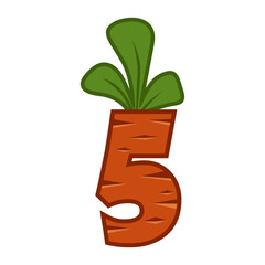 Cartoon carrot number Five font kids number. Orange Figure 5.
