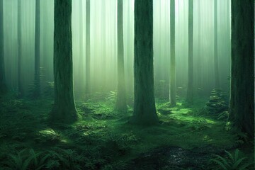 Green misty beautiful forest photorealistic background, 3d render, 3d illustration
