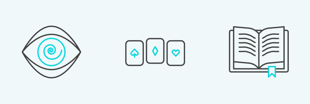 Set Line Ancient Magic Book, Hypnosis And Playing Cards Icon. Vector