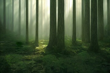 Green misty beautiful forest photorealistic background, 3d render, 3d illustration