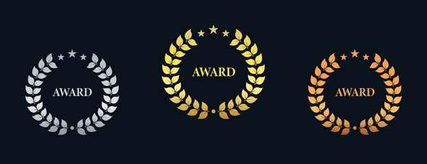 Nominate Gold Bronze Silver Twig Leaf Olive Branch Reward Icon Set. Chaplet Laurel Wreath Success Heraldry Silhouette Pictogram. Victory Achievement Emblem for Champion. Isolated Vector Illustration