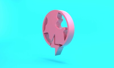 Pink Global energy power planet with flash thunderbolt icon isolated on turquoise blue background. Ecology concept and environmental. Minimalism concept. 3D render illustration