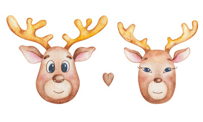 Watercolor illustration of hand painted brown male and female deers with yellow horns, heart. Cartoon reindeer. Santa Claus animals. Isolated clip art for New Year prints, Christmas, Valentines cards