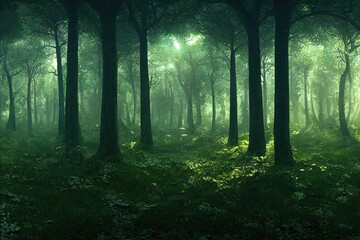 Green misty beautiful forest photorealistic background, 3d render, 3d illustration