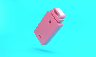 Pink Battery charge level indicator icon isolated on turquoise blue background. Minimalism concept. 3D render illustration