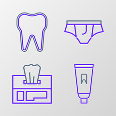 Set line Tube of toothpaste, Wet wipe pack, Underwear and Tooth icon. Vector