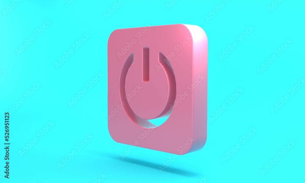 Sticker Pink Power button icon isolated on turquoise blue background. Start sign. Minimalism concept. 3D render illustration