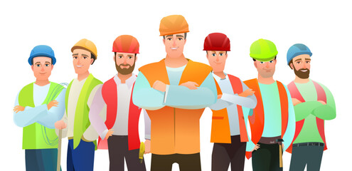 Men builder in vest and protective helmet. Guy worker. Cheerful person. Standing pose. Cartoon comic style flat design. Single character. Illustration isolated on white background. Vector