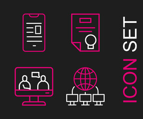 Set line Computer network, Online education, Certificate template and book mobile icon. Vector