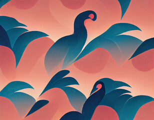 A beautiful digital drawing of abstract birds and leaves. Summer vibes. 