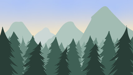 Clear morning in a coniferous forest near the mountains