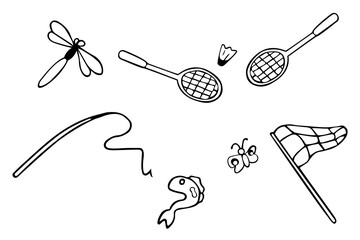 A set of elements for outdoor recreation and hiking in the style of a doodle. Accessories and equipment for picnics, travel. Hand-drawn vector illustration isolated on a white background.