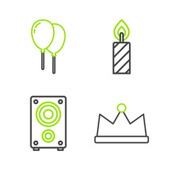 Set line Crown, Stereo speaker, Birthday cake candles and Balloons with ribbon icon. Vector
