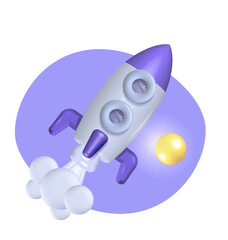 3d Rocket in realistic cartoon style on white background with violet abstract shape with sun. Startup, space, business concept. PNG digital render illustration design