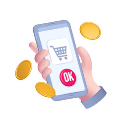 Online shopping concept for banner template. Cartoon 3d hand holding smartphone with shopping app, money, online cart button. PNG digital render illustration with concept of mobile marketing, 