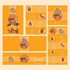 set of food menu banner templates, Yellow color with burger, fizza, potato pattern model on orange background.