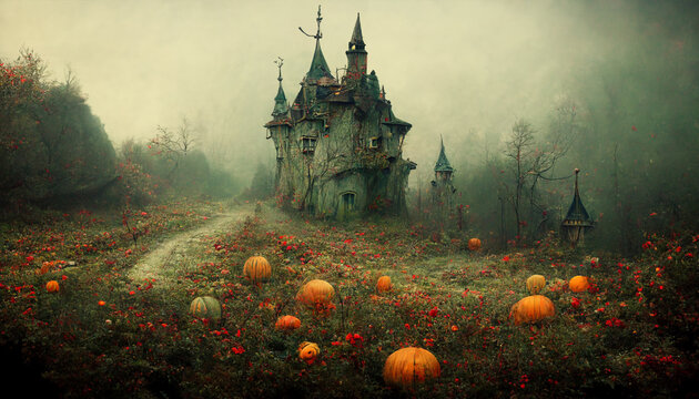 Witch village with pumpkins watercolor illustration halloween.Illustrations for children's storybooks.Halloween night pictures for wall paper .