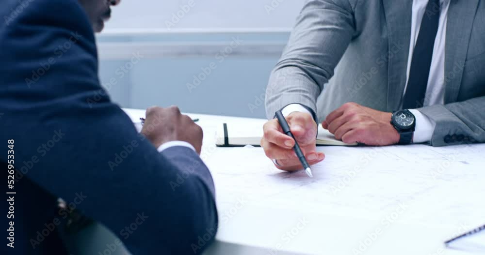 Poster business men planning a building strategy in a team meeting with blueprint paper in a real estate of