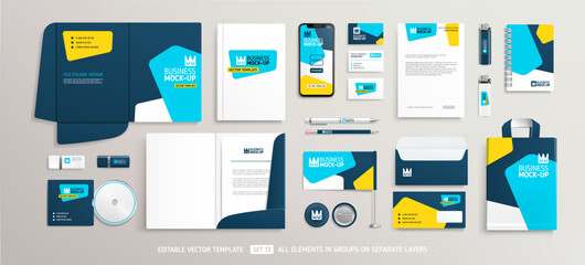 Brand Identity stationery Mock-Up set. Business office stationary mockup of File folder, annual report. Business brochure cover. Tablet display. Advertising promo elements. Editable vector template