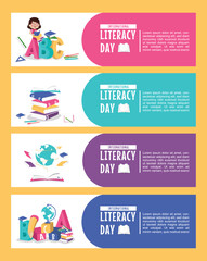 International Literacy Day banner set and different characters with People collecting books to read together on Literacy day yellow background.