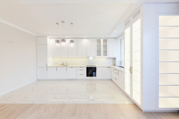 Fototapeta na wymiar a new bright kitchen in a designer interior of the house