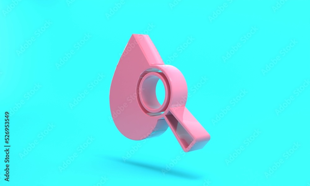 Canvas Prints Pink Drop and magnifying glass icon isolated on turquoise blue background. Minimalism concept. 3D render illustration