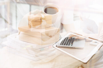 Portrait of Starting small businesses SME owners, two Asian woman check online orders Selling products working with boxs freelance work at home office, sme business online small medium enterprise