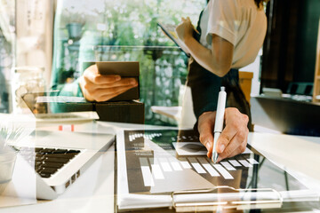 Portrait of Starting small businesses SME owners, two Asian woman check online orders Selling products working with boxs freelance work at home office, sme business online small medium enterprise