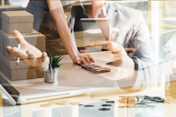 Portrait of Starting small businesses SME owners, two Asian woman check online orders Selling products working with boxs freelance work at home office, sme business online small medium enterprise