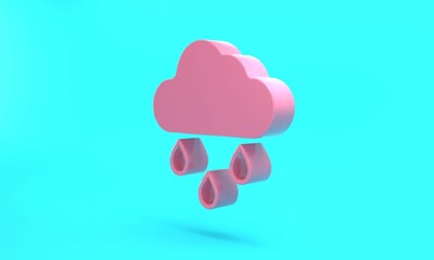 Pink Cloud with rain icon isolated on turquoise blue background. Rain cloud precipitation with rain drops. Minimalism concept. 3D render illustration