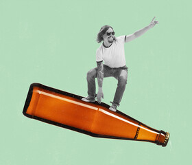 Stylish man flying on giant beer bottle. Contemporary art collage. Concept of festival, holidays, party, beer, drinks and snacks, oktoberfest, ad and sales.