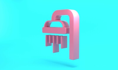 Pink Shower head with water drops flowing icon isolated on turquoise blue background. Minimalism concept. 3D render illustration
