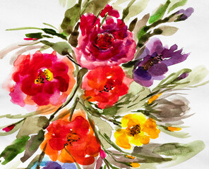 Watercolor flower painting. Hand drawn illustration. Design for fabric, wallpaper, bedding,
