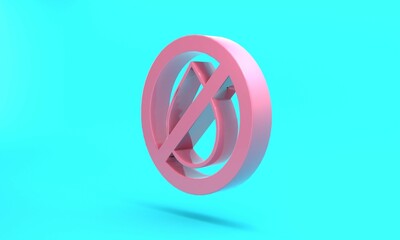 Pink Water drop forbidden icon isolated on turquoise blue background. No water sign. Minimalism concept. 3D render illustration