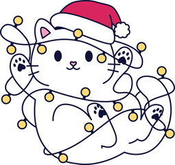 White fluffy kitten tangled in a Christmas garland. 
Cute kitty with christmas lights.