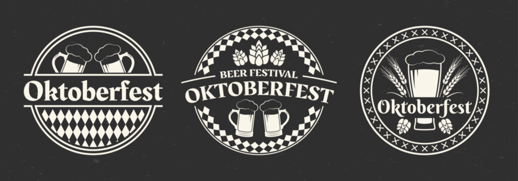 Oktoberfest logo or label set. Beer fest round badges with beer mug or glass icons. German, Bavarian October festival design elements. Vector illustration.