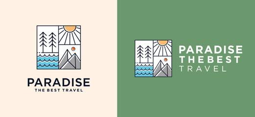 Mountain Explorer Logo Line Adventure Emblem Design with beach sun and Tree 