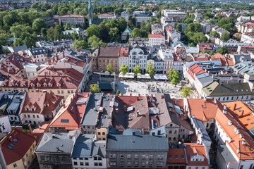 Drone photo of Main Square of Old Town of Bielsko-Biala, Silesia region of Poland