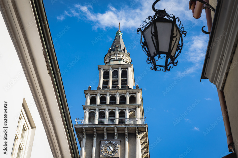 Wall mural Bell tower of Cathedral of St. Nicholas in Bielsko-Biala, Silesian Province of Poland